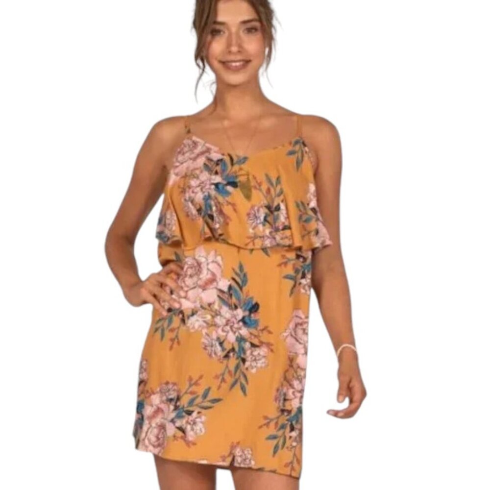 Billabong Boho Honey Gold Floral Spaghetti Strap Casual Flowy Sundress Summer S